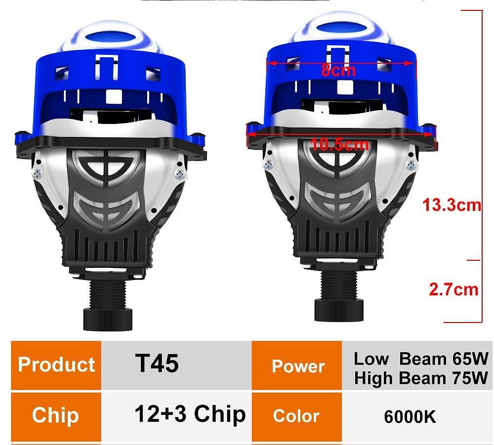 Bi-LED лупи за вграждане 24V 3.0 инча 65W, 6+3 чипа,  за дълги и къси светлини,  6000К