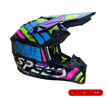 Cască enduro pentru copii, pentru motocicletă, ATV, bicicletă – mărimea S (49-50 cm) negru mat cu design multicolor neon