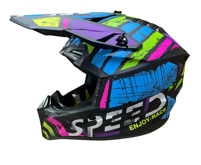 Cască enduro pentru copii, pentru motocicletă, ATV, bicicletă – mărimea S (49-50 cm) negru mat cu design multicolor neon