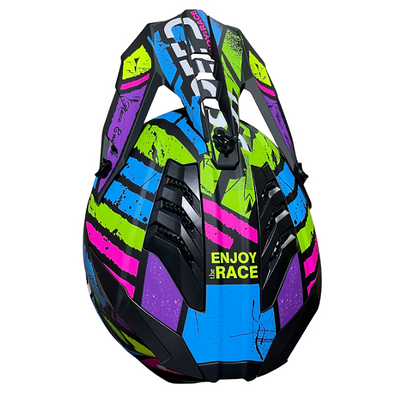 Cască enduro pentru copii, pentru motocicletă, ATV, bicicletă – mărimea S (49-50 cm) negru mat cu design multicolor neon