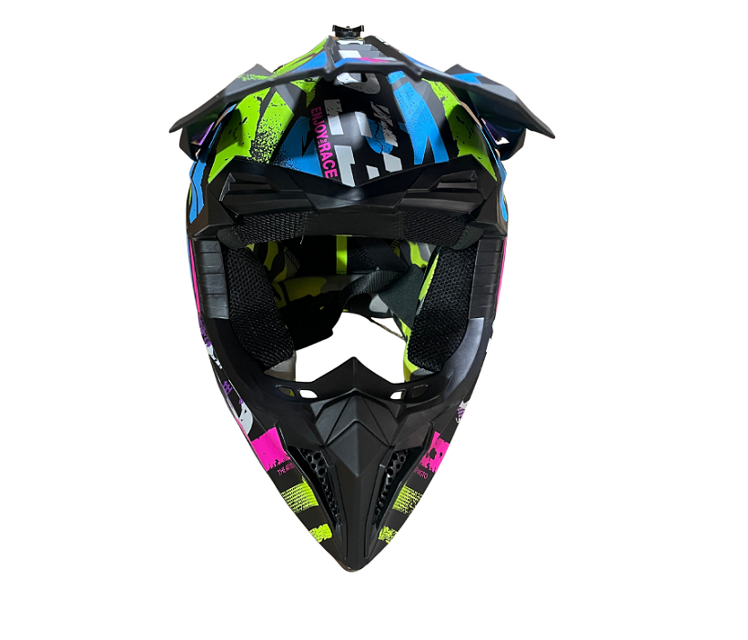 Cască enduro pentru copii, pentru motocicletă, ATV, bicicletă – mărimea S (49-50 cm) negru mat cu design multicolor neon
