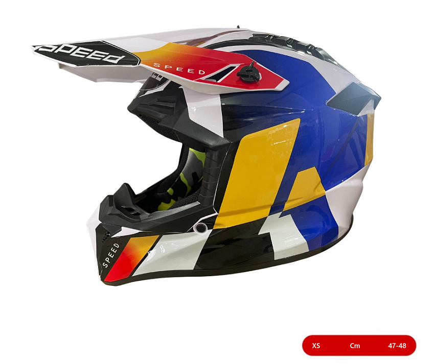 Kids Enduro Helmet for Motorcycle, ATV, Bicycle – size XS (47-48 cm) white with yellow/blue design