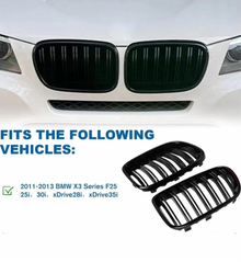 Dual Slat Kidney Grilles for BMW X3 F25 Pre-Facelift 2010-2014 Gloss Black
