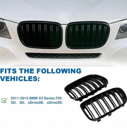Dual Slat Kidney Grilles for BMW X3 F25 Pre-Facelift 2010-2014 Gloss Black