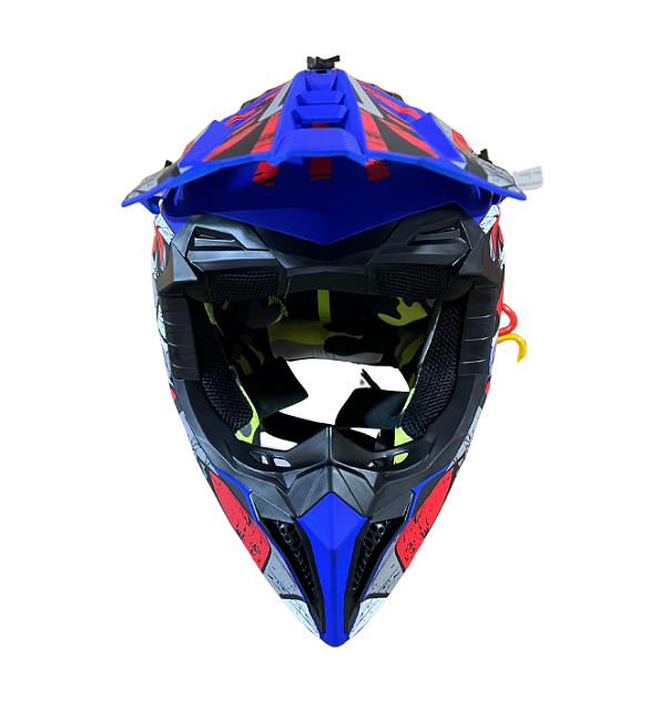 Casca enduro pentru copii, moto, ATV, bicicletă – mărime XS (47-48 cm) albastru mat cu design roșu/gri
