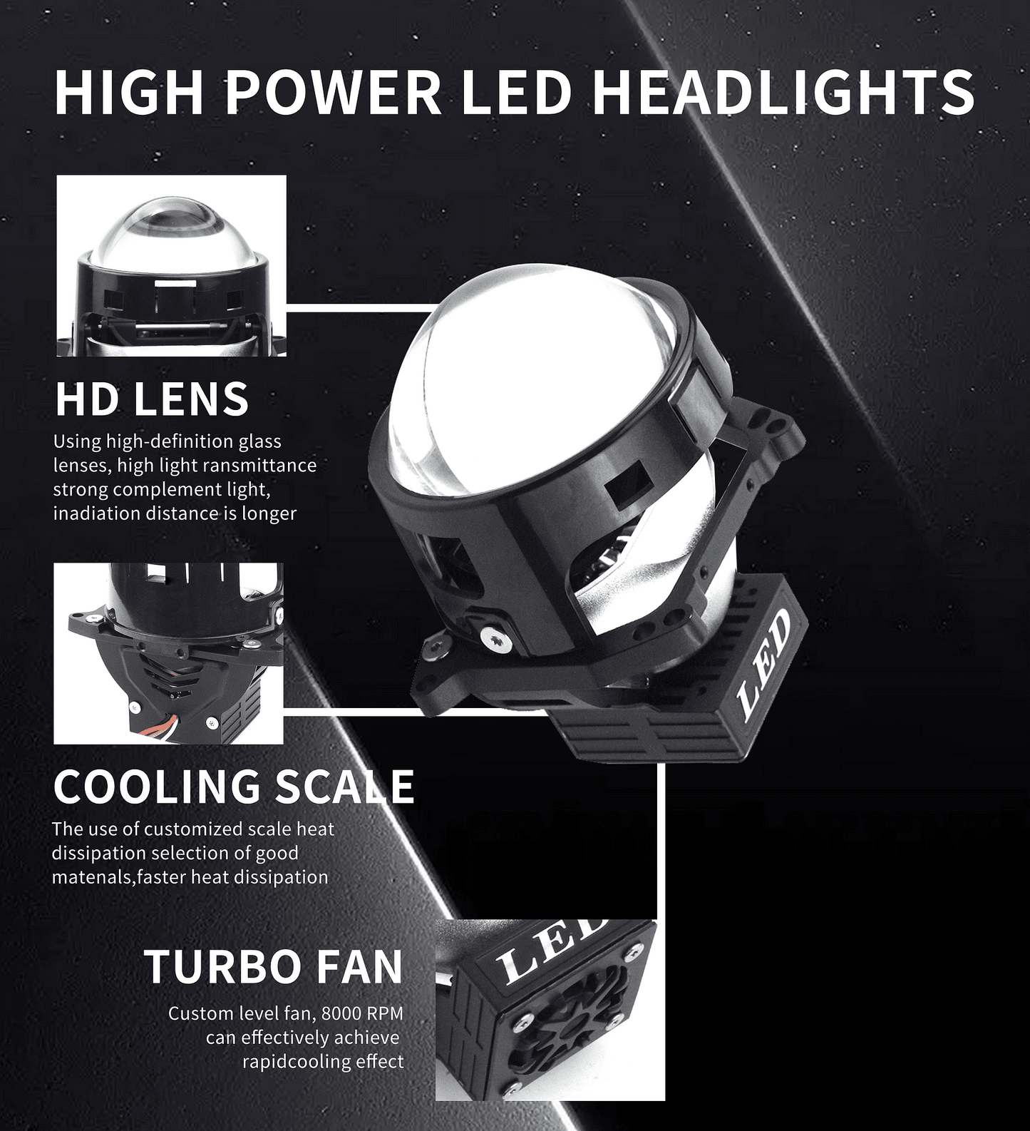 Bi-LED лупи за вграждане във фарове 3 инча, 120W 8000lm, 12V, +500% Яркост,2 броя