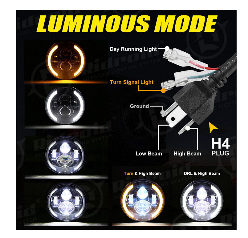 Комплект Кръгли LED фарове 7" 70W H4 букса, къси, дълги, дневни и мигач