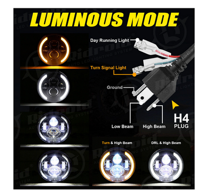 Комплект Кръгли LED фарове 7" 70W H4 букса, къси, дълги, дневни и мигач