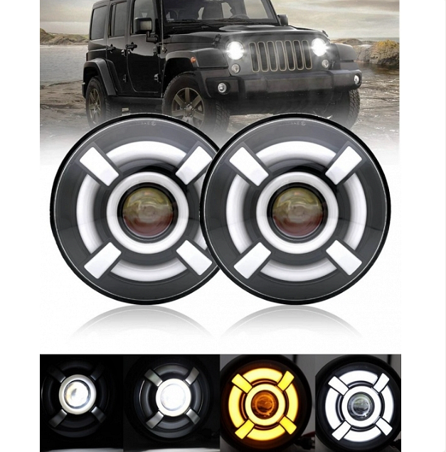 Комплект LED фарове 7" инча 18см 12V-24V къси/дълги с DRL дневни светлини мигач бяло-жълто 4800lm за АТВ джип мотоциклет камион трактор и др.