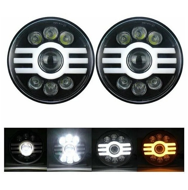 Комплект от  LED фарове 7" инча 18см 12V-24V къси/дълги с DRL дневни светлини мигач бяло-жълто 5000lm