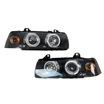Crystal Headlights for BMW E36 Angel Eyes (91-99) 4d sedan - black