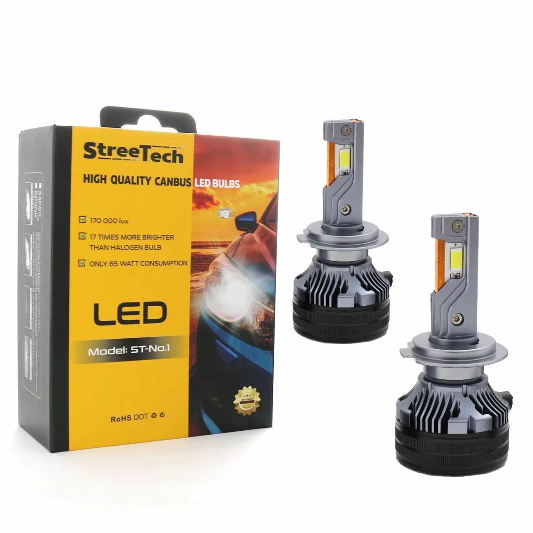 Led крушки H7 Streetech модел STN1 за фарове  65W - Canbus 6000K - 1700% повече светлина