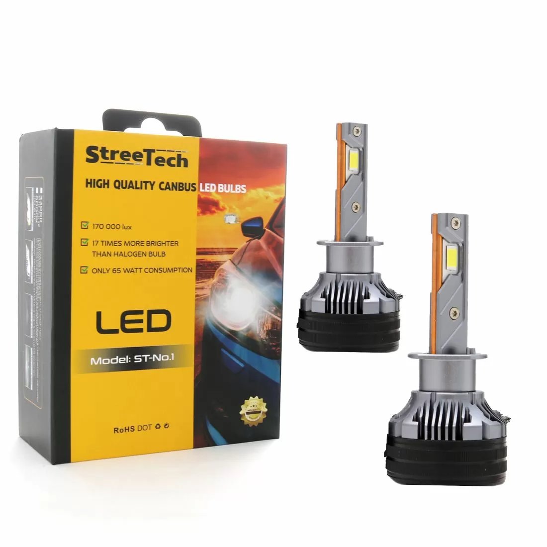 Led крушки H1 Streetech модел STN1 за фарове 65W - Canbus 6000K - 1700% повече светлина
