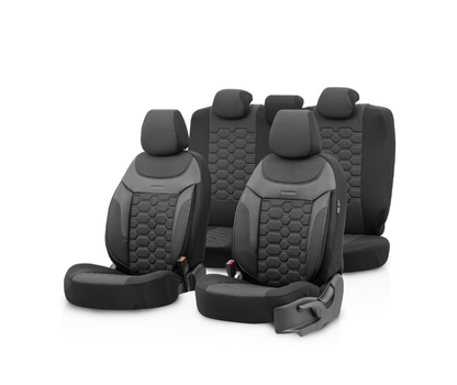 Tapițerie de lux OTOM textil cu piele ecologică CARBON Design – Neagră cu cusături gri