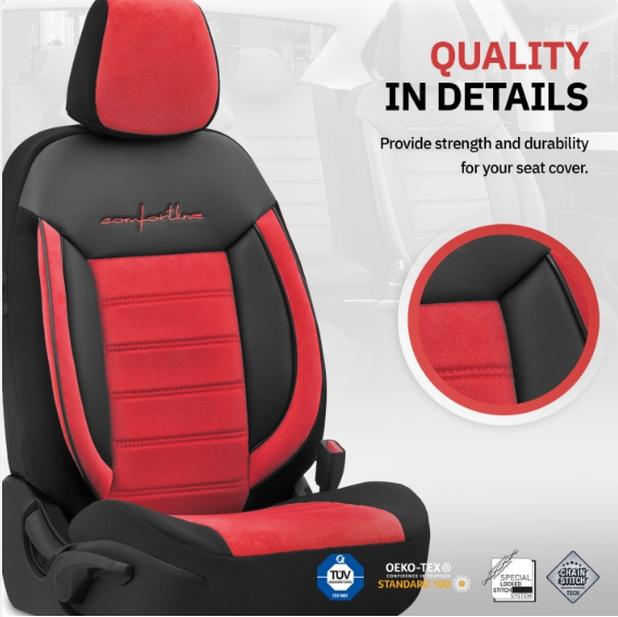 Луксозна тапицерия OTOM текстил с еко кожа COMFORT LINE Design – Червено-Черна с червен шев