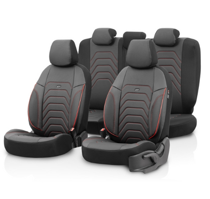 Tapițerie de lux OTOM textil cu piele ecologică CORE Design - Neagră cu cusătură roșie