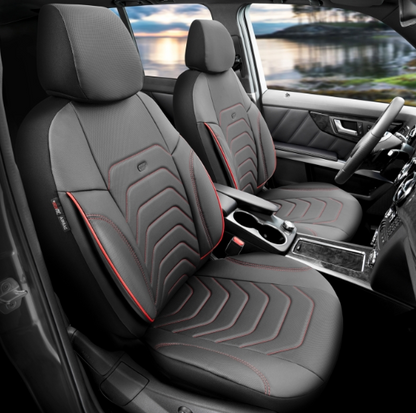 Tapițerie de lux OTOM textil cu piele ecologică CORE Design - Neagră cu cusătură roșie