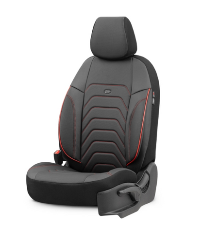 Tapițerie de lux OTOM textil cu piele ecologică CORE Design - Neagră cu cusătură roșie