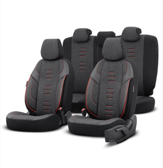 Луксозна тапицерия OTOM текстил с еко кожа THRONE Design – Черна с червен шев