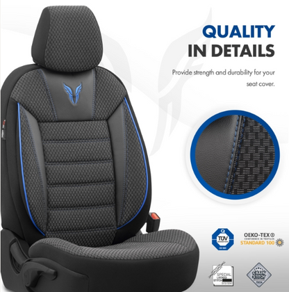 Luxury upholstery OTOM textile with eco leather TORO Design – Black with blue stitching