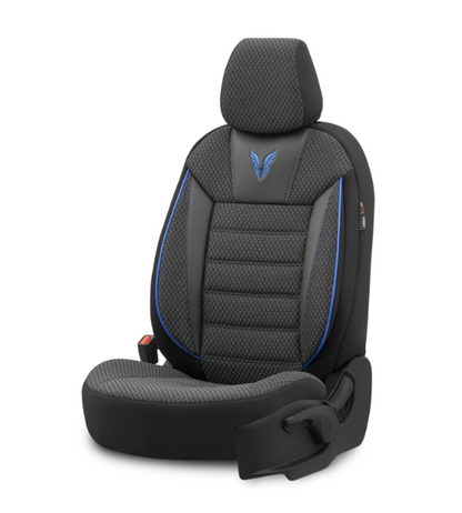 Luxury upholstery OTOM textile with eco leather TORO Design – Black with blue stitching