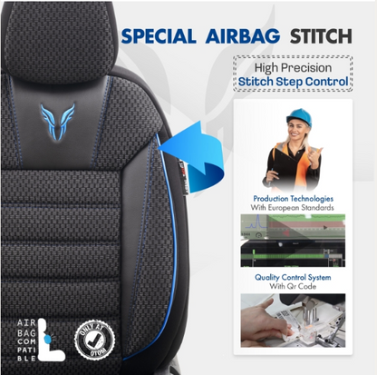 Luxury upholstery OTOM textile with eco leather TORO Design – Black with blue stitching