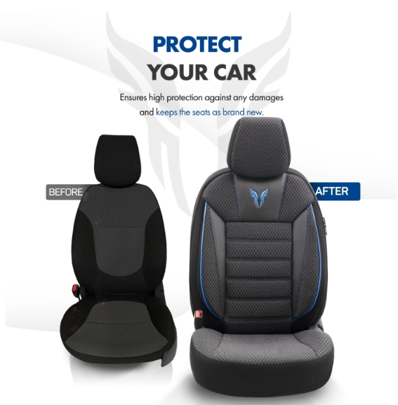Luxury upholstery OTOM textile with eco leather TORO Design – Black with blue stitching