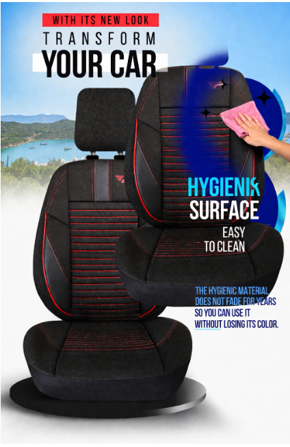 Luxury Universal Seat Cover PANDA DETROIT – Eco Leather and Fabric, Black/Red