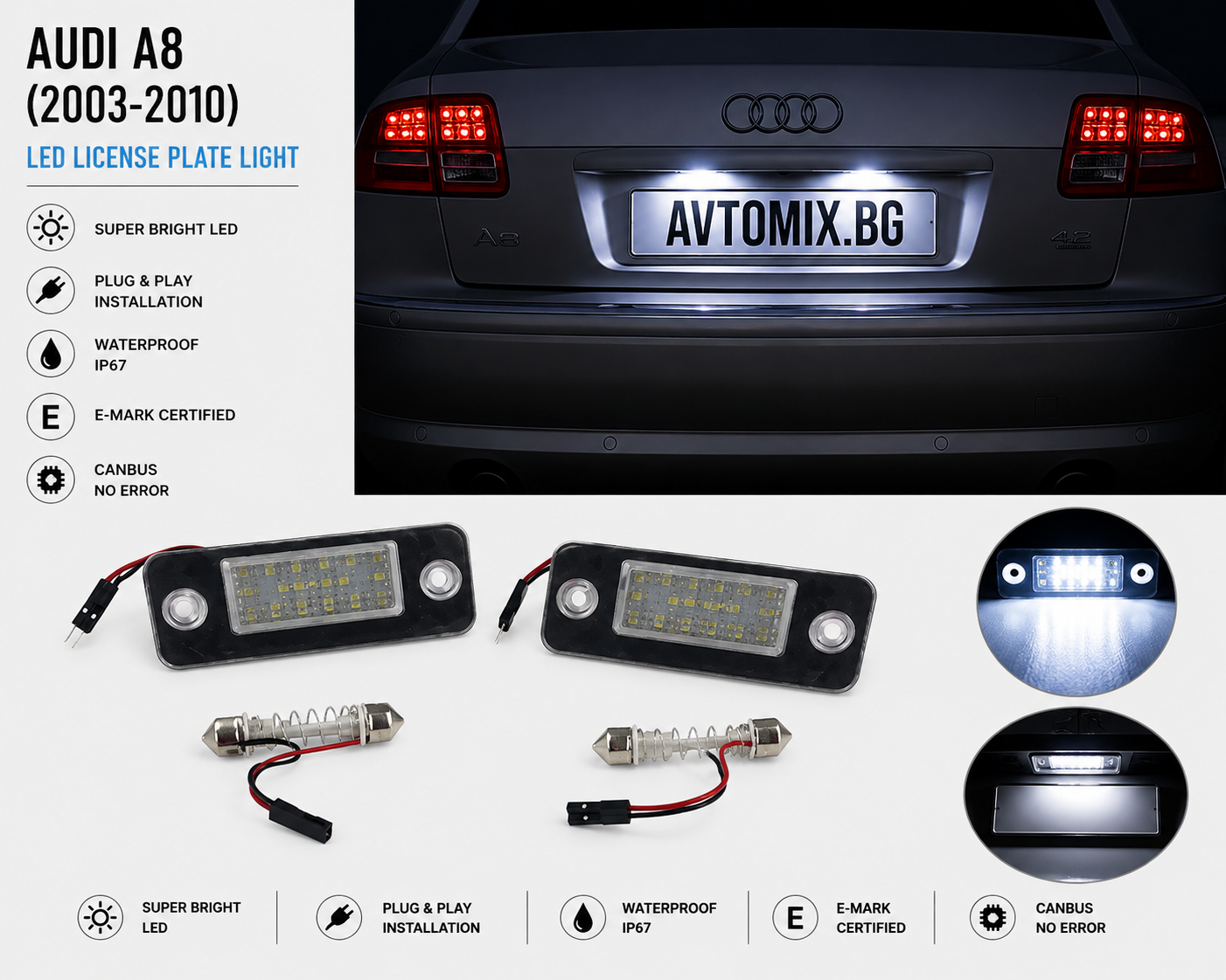 Plafoane pentru iluminarea numărului de înmatriculare spate pentru AUDI A8 (2003-2010)