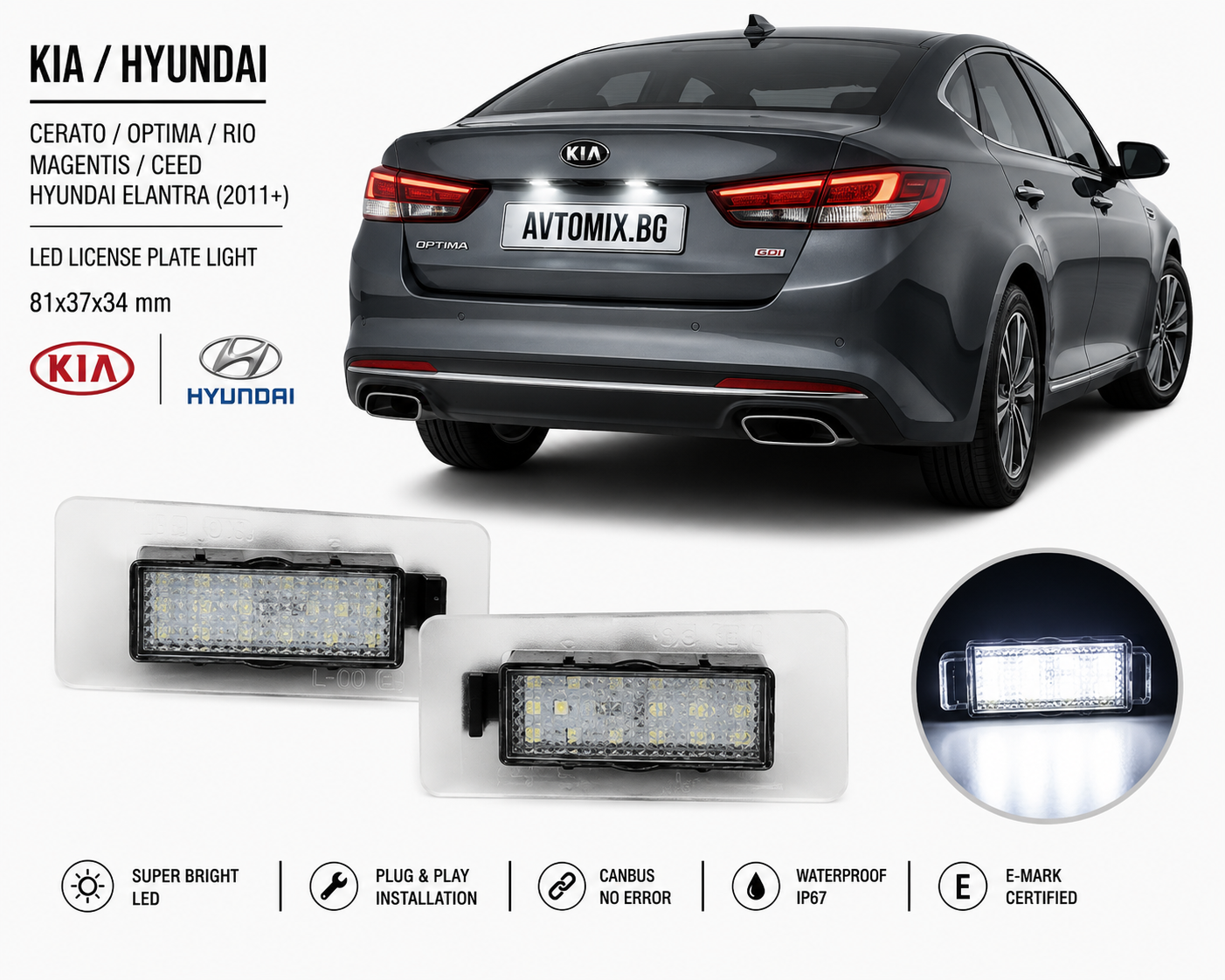 Plafoniere pentru iluminare număr înmatriculare pentru Kia Cerato / Optima / Rio / Magentis / Ceed / Hyundai Elantra (2011+) 81x37x34 mm