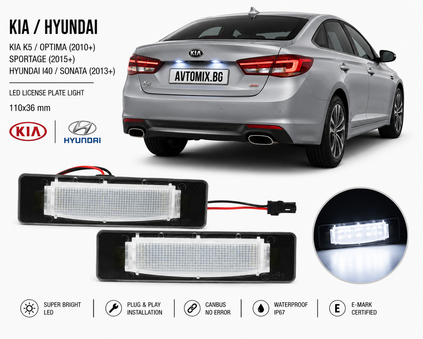 Плафони за осветление на задния номер за Kia K5 / Optima (2010+) / Sportage (2015+) / Hyundai I40 / Sonata (2013+), 110x36 mm