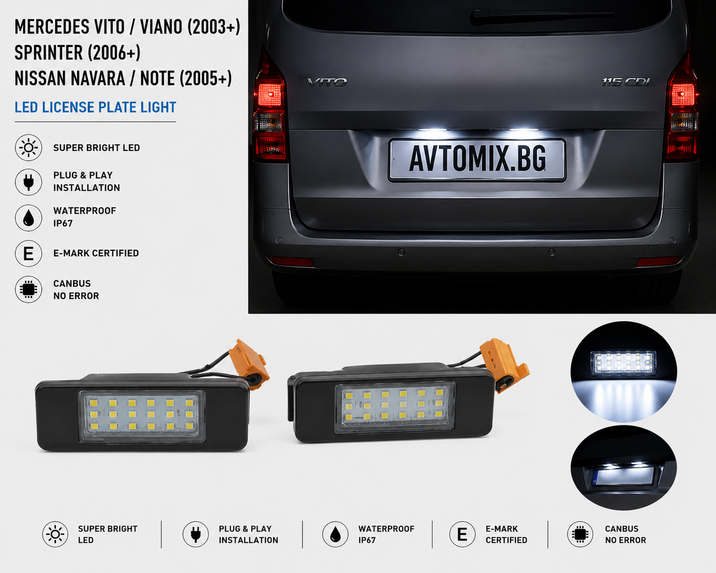 Plafoniere pentru iluminarea numărului de înmatriculare pentru Mercedes Vito / Viano (2003+) / Sprinter (2006+) / Nissan Navara / Note (2005+)