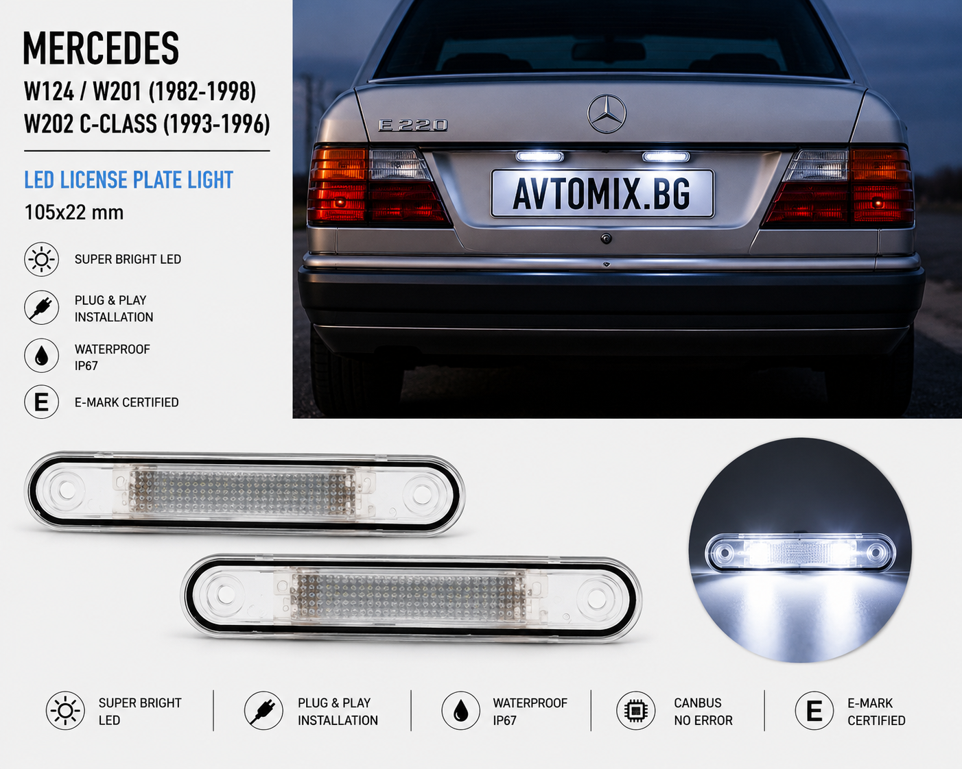 Plafoniere pentru iluminarea numărului de înmatriculare spate pentru Mercedes W124 / W201 (1982-1998) / W202 C-CLASS (1993-1996), 105x22 mm