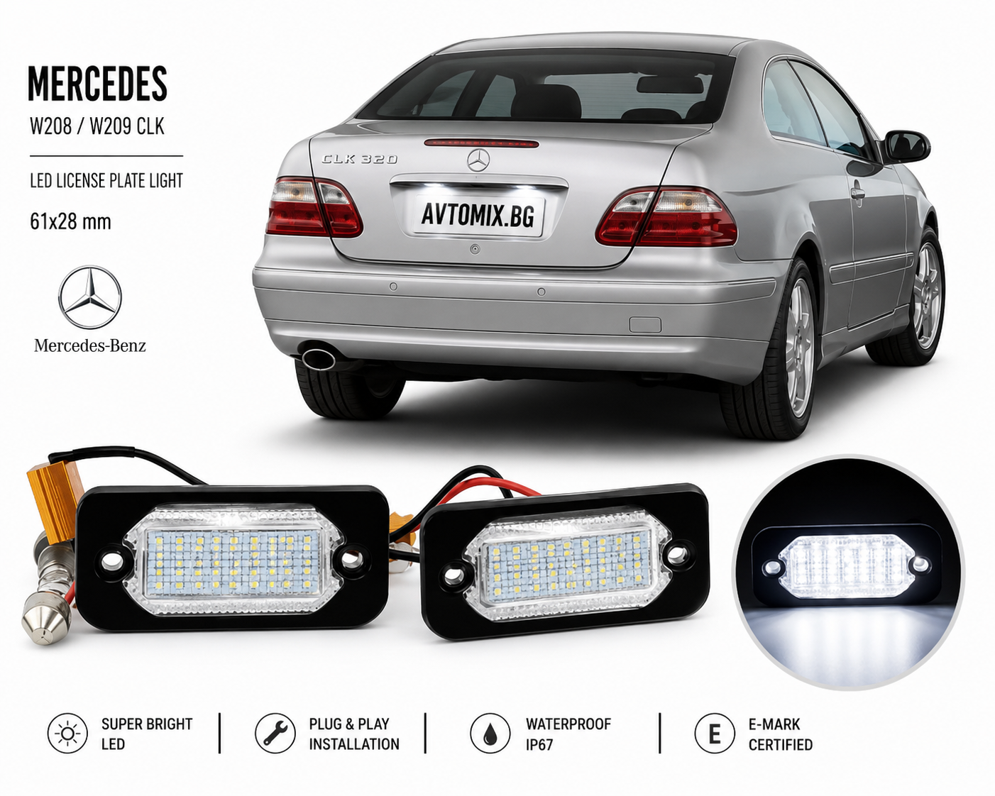 Plafonieră pentru iluminarea plăcuței de înmatriculare spate pentru Mercedes W208 / W209 CLK, 61x28 mm