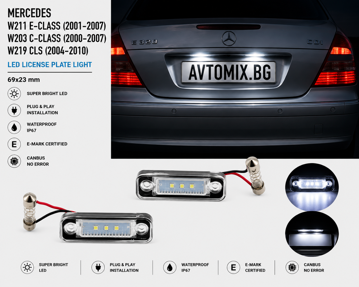 Plafonieră iluminare număr înmatriculare pentru Mercedes W211 E-CLASS (2001-2007) / W203 C-CLASS / W219 CLS, 69x23 mm