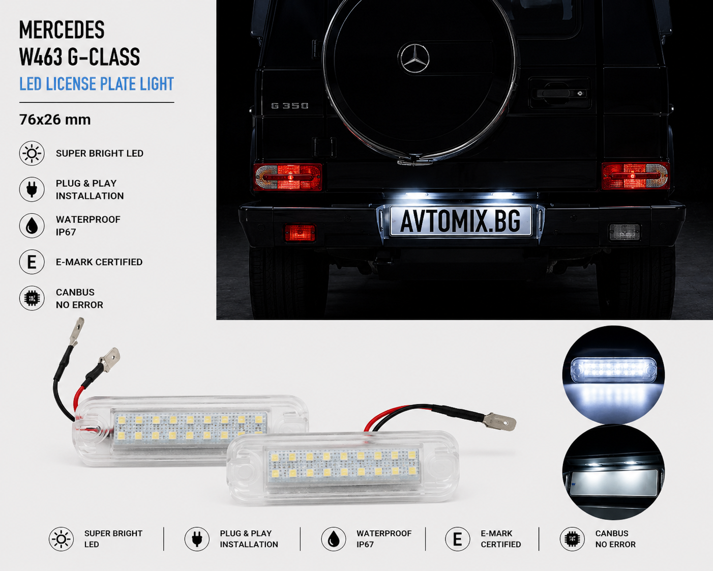 Plafonieră iluminare număr înmatriculare pentru Mercedes W463 G-Class, 76x26 mm