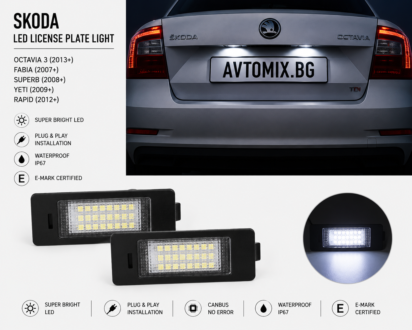 Плафони за осветление на задния номер за Skoda Octavia 3 2013+, Fabia 2007+,Superb 2008+,Yeti, Rapid