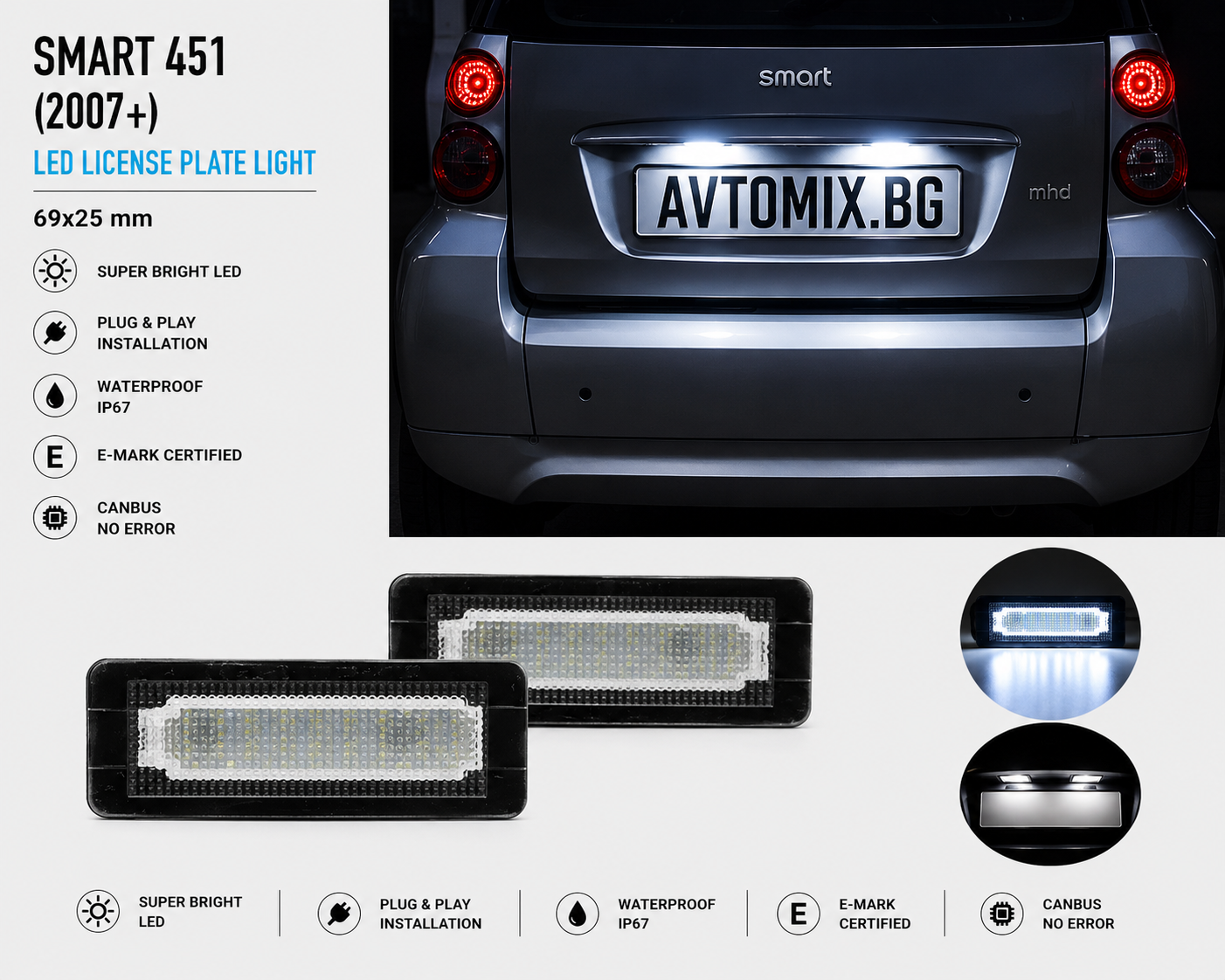 License plate lights for Smart 451 (2007+), 79x30 mm