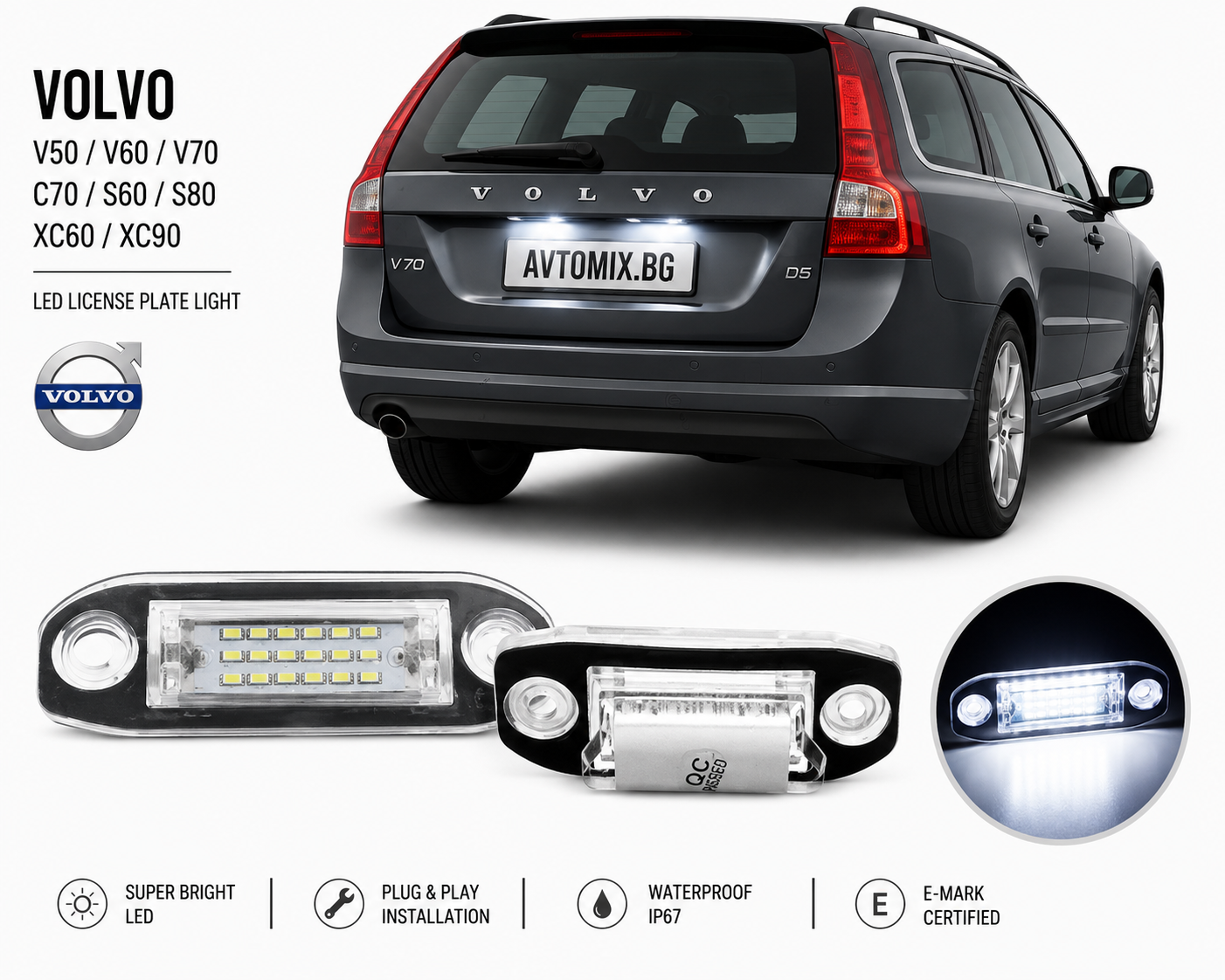 Plafoniere pentru iluminarea numărului de înmatriculare spate pentru Volvo V50 / V60 /V70 /C70 / S60 / S80 / XC60 / XC90