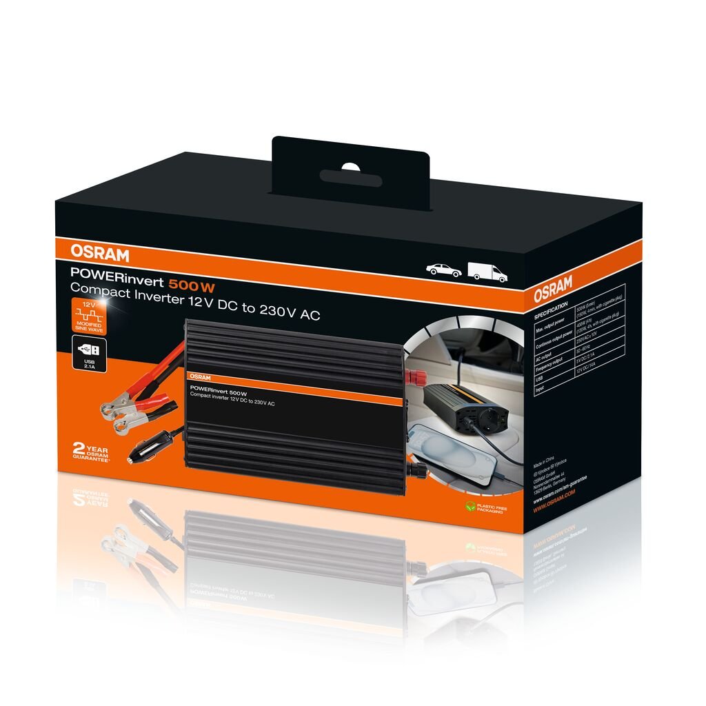 Монофазен токов инвертор Osram POWERinvert 500 12V DC към 230V AC, 500W, 2.1A USB