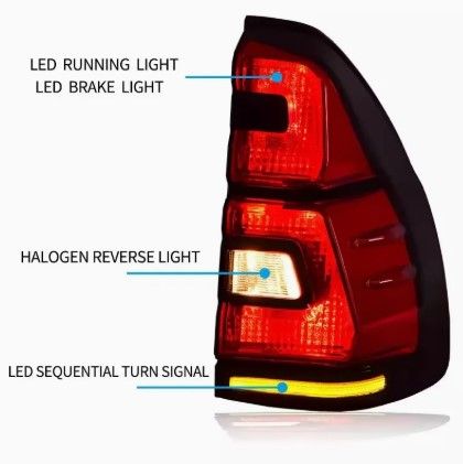 Диодни стопове за TOYOTA LAND CRUISER Prado J120 (2003-2009) - full Led Uprgade to J150 look - червени с бягащ опушен мигач