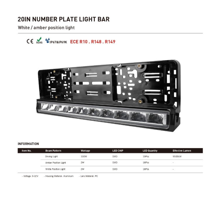 Suport număr înmatriculare cu bară LED încorporată 20" 51cm 12v 24v lumină albă și portocalie