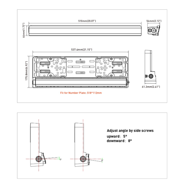 Suport număr înmatriculare cu bară LED încorporată 20" 51cm 12v 24v lumină albă și portocalie