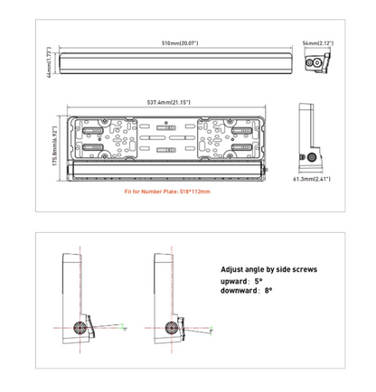 Suport număr înmatriculare cu bară LED încorporată 20" 51cm 12v 24v lumină albă și portocalie