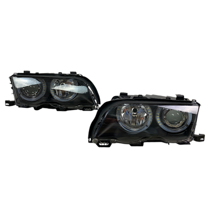Faruri tuning pentru BMW E46 sedan (1998-2001) - negre cu angel eyes LED
